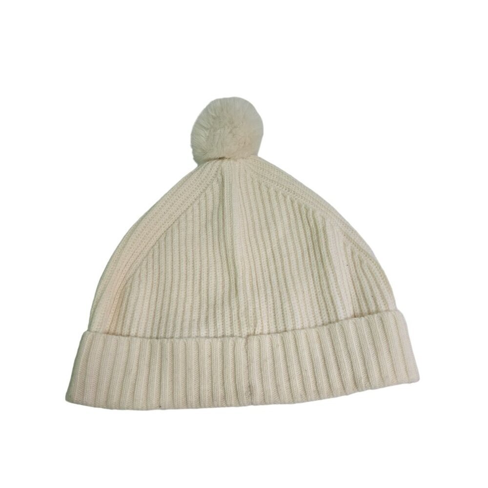 Talbots Lambswool Cream Neutral Ribbed Knit Beanie PomPom